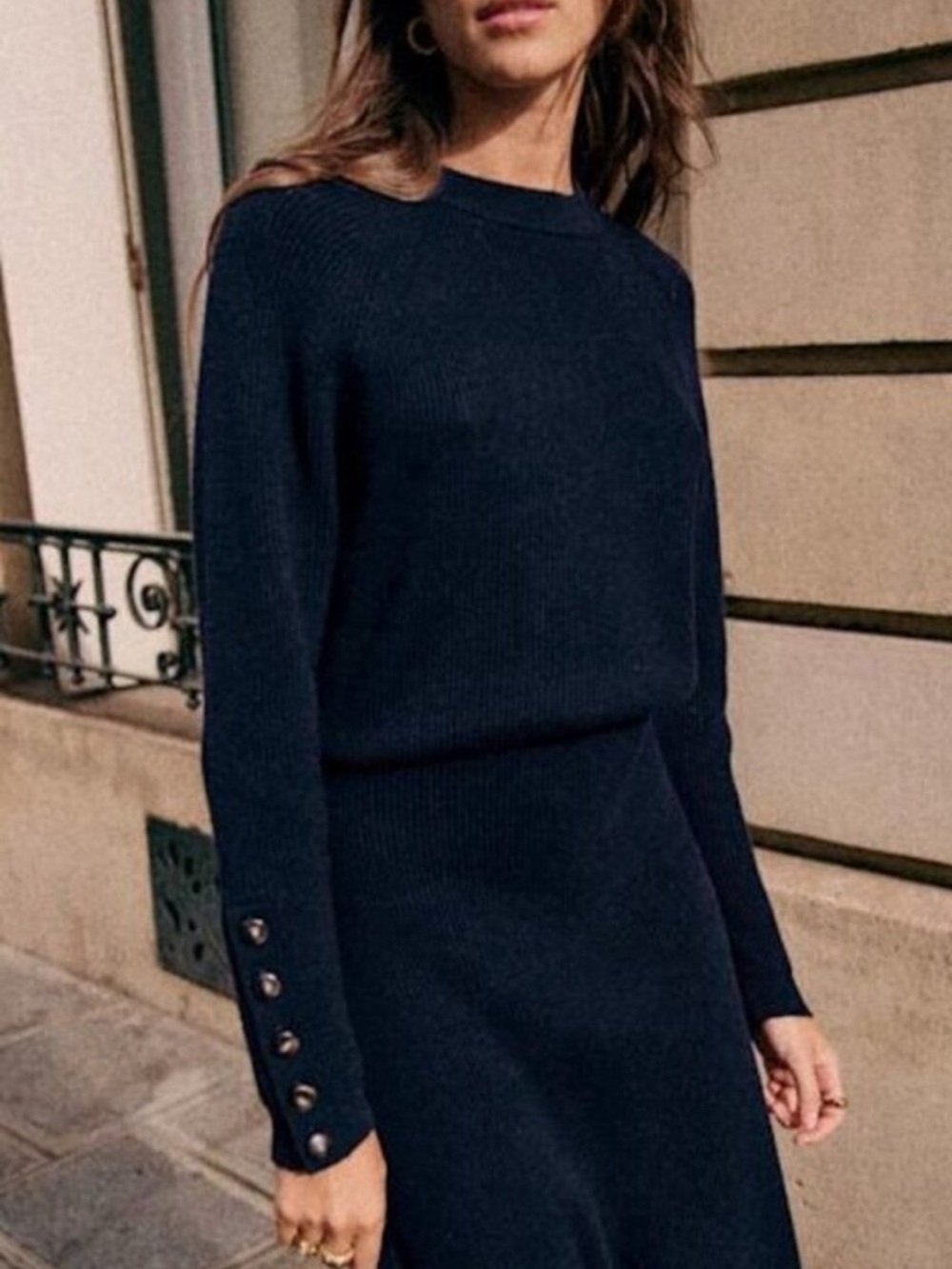 Sezane Sami Ribbed Knit Sweater Size Small Navy Blue Merino Wool Cotton